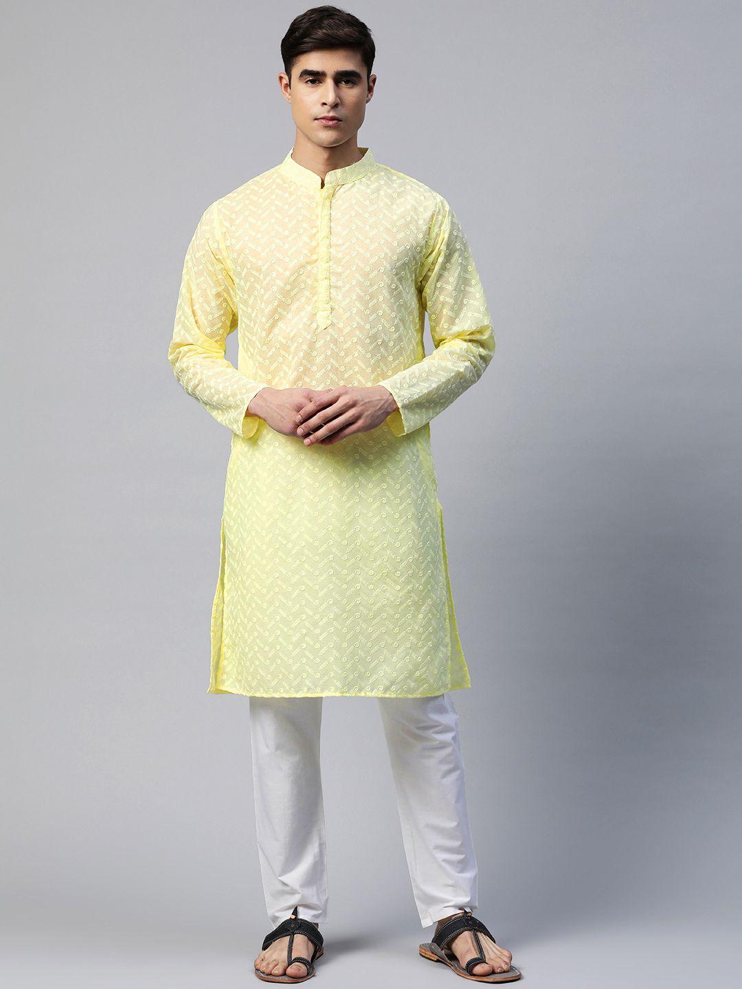 readiprint fashions men floral embroidered chikankari pure cotton kurta with pyjamas