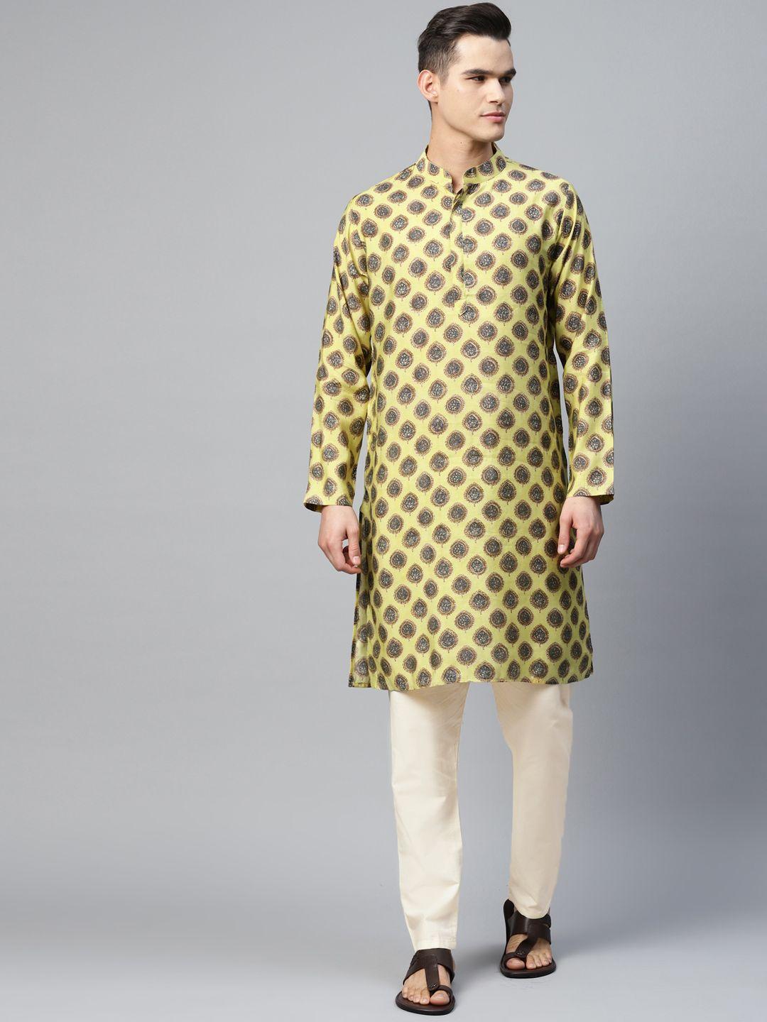 readiprint fashions men lime green ethnic motifs printed kurta with trousers