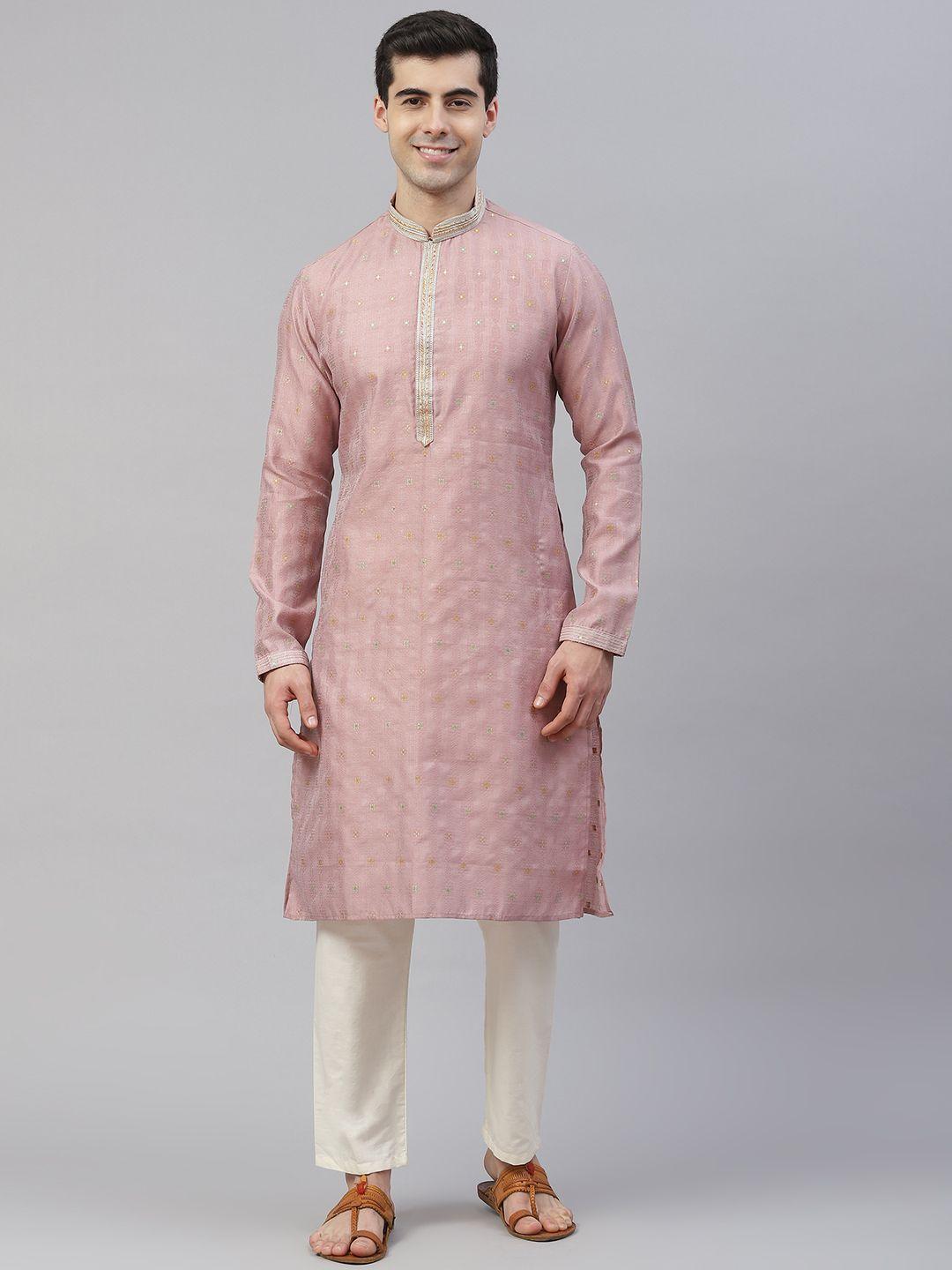 readiprint fashions men mauve & gold ethnic jacquard design zari straight kurta pyjamas