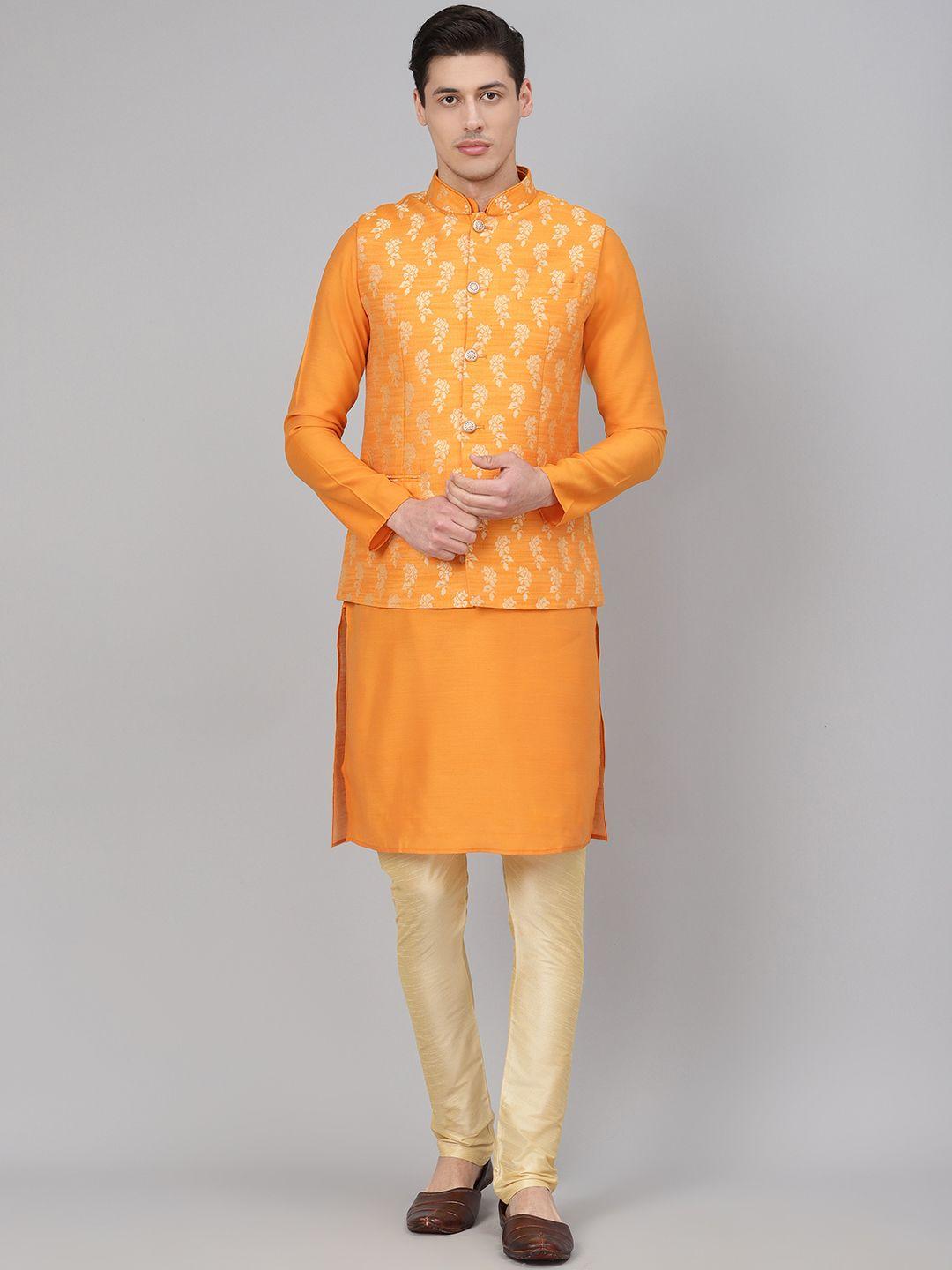 readiprint fashions men orange & golden solid kurta with churidar & nehru jacket