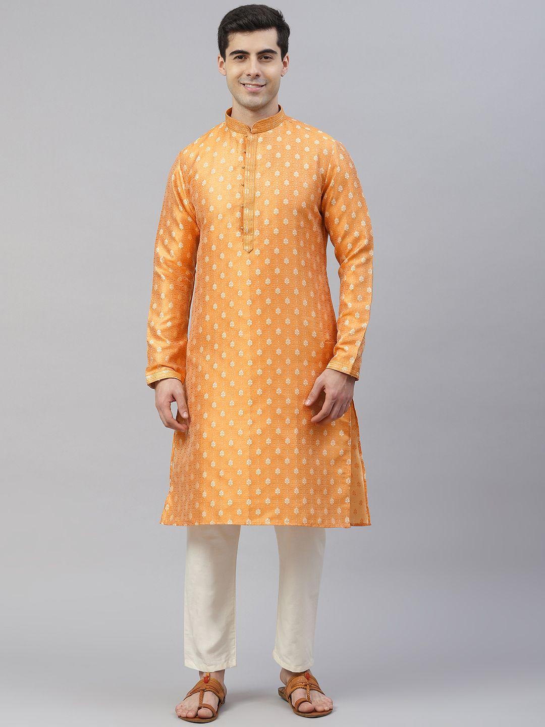 readiprint fashions men orange  & gold ethnic jacquard straight kurta pyjamas