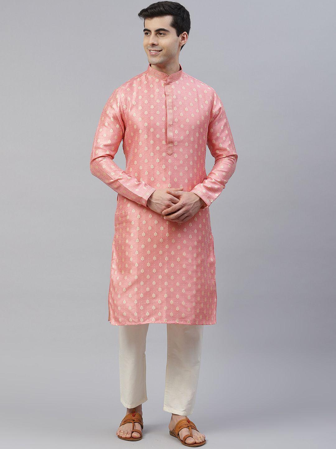 readiprint fashions men peach-coloured & gold ethnic jacquard straight kurta pyjamas