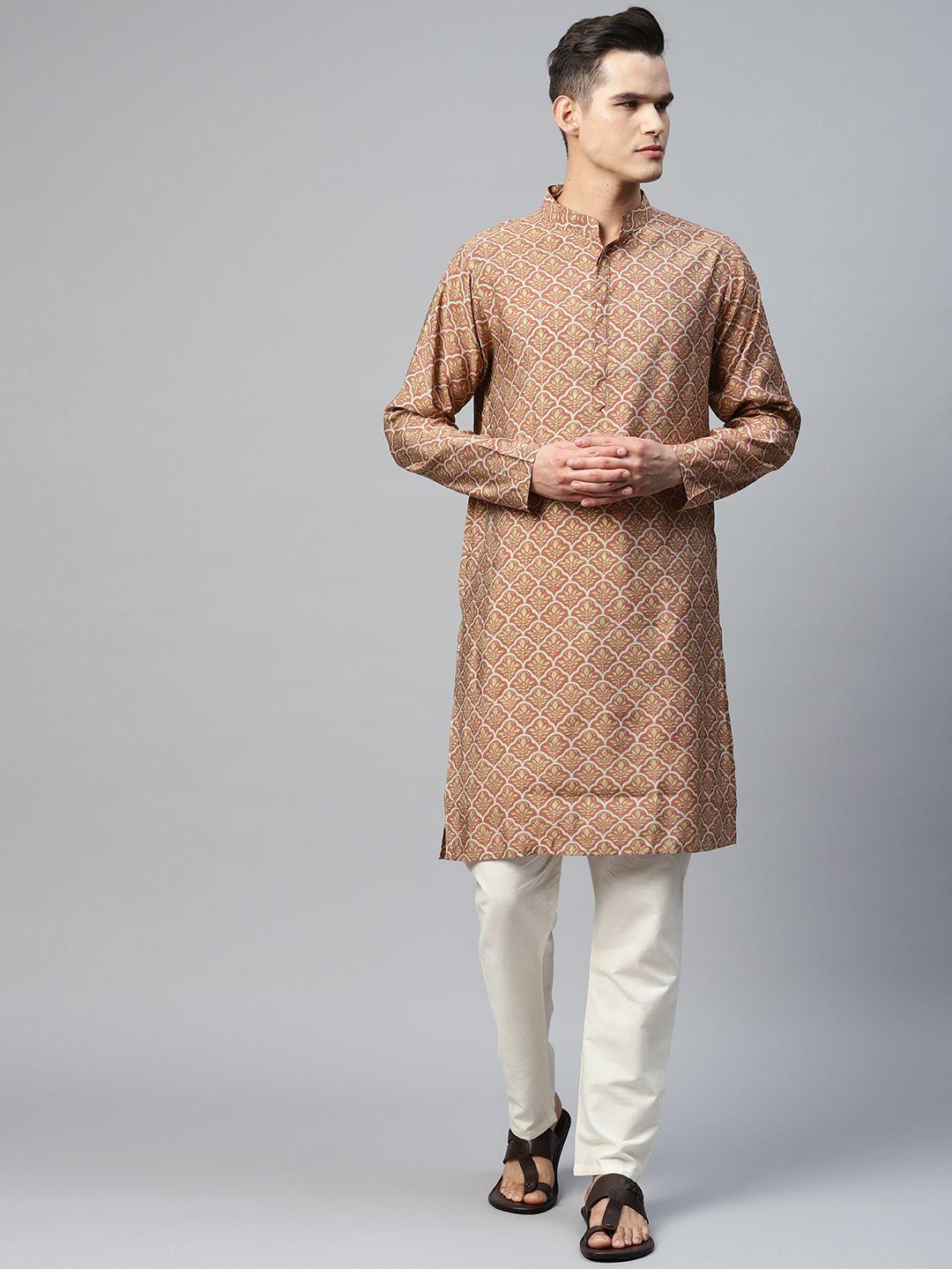 readiprint fashions men rust floral printed kurta with trousers