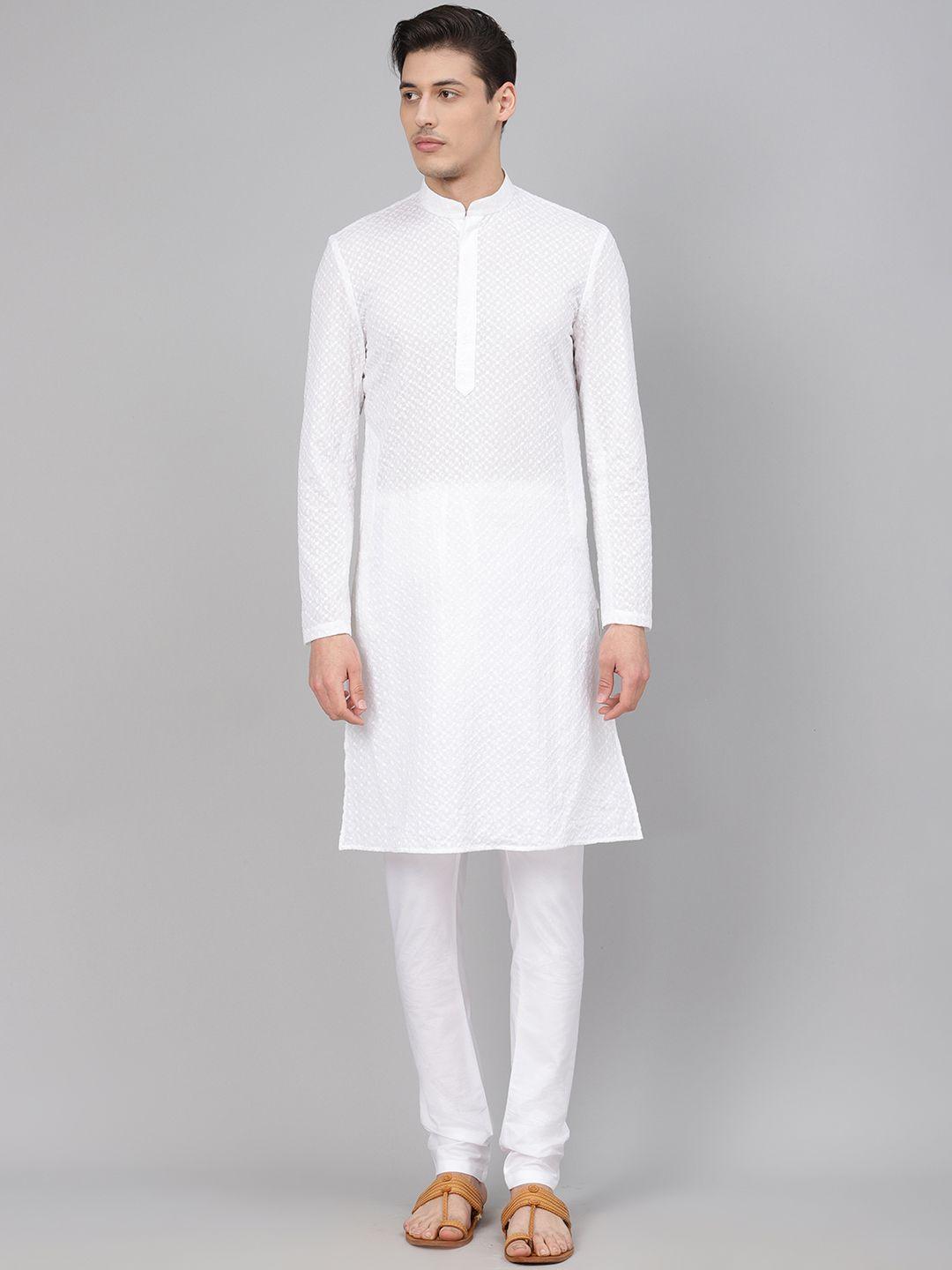 readiprint fashions men white chikankari embroidered kurta with churidar