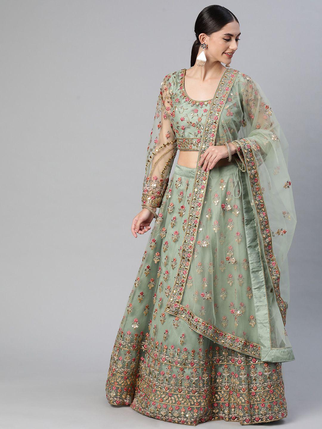 readiprint fashions mint green & golden embroidered mirror work unstitched lehenga set