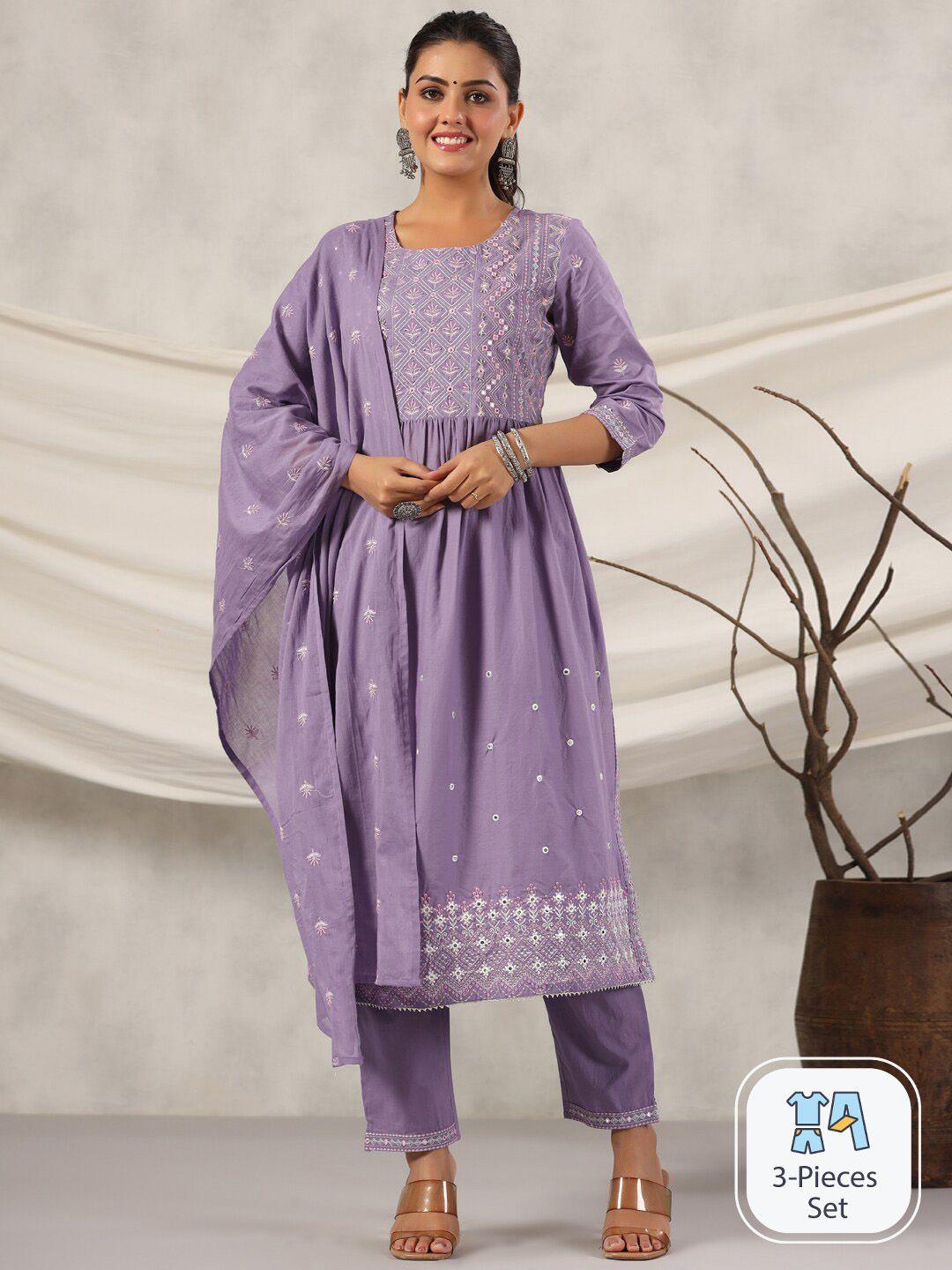 readiprint fashions mirror work embroidered pure cotton kurta with trousers & dupatta
