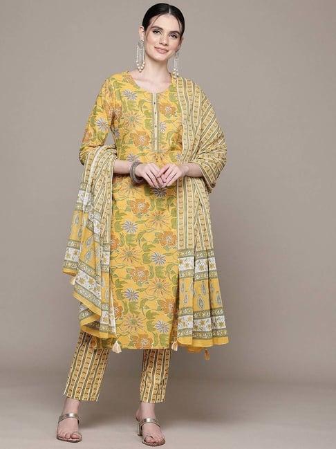 readiprint fashions mustard cotton printed kurta pant set with dupatta