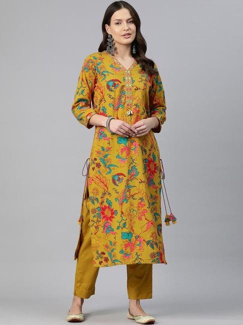 readiprint fashions mustard cotton printed kurta pant set