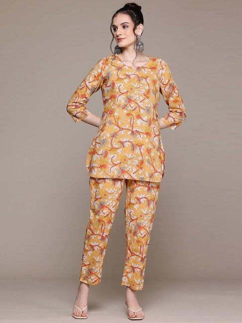 readiprint fashions mustard cotton printed short kurti pant set