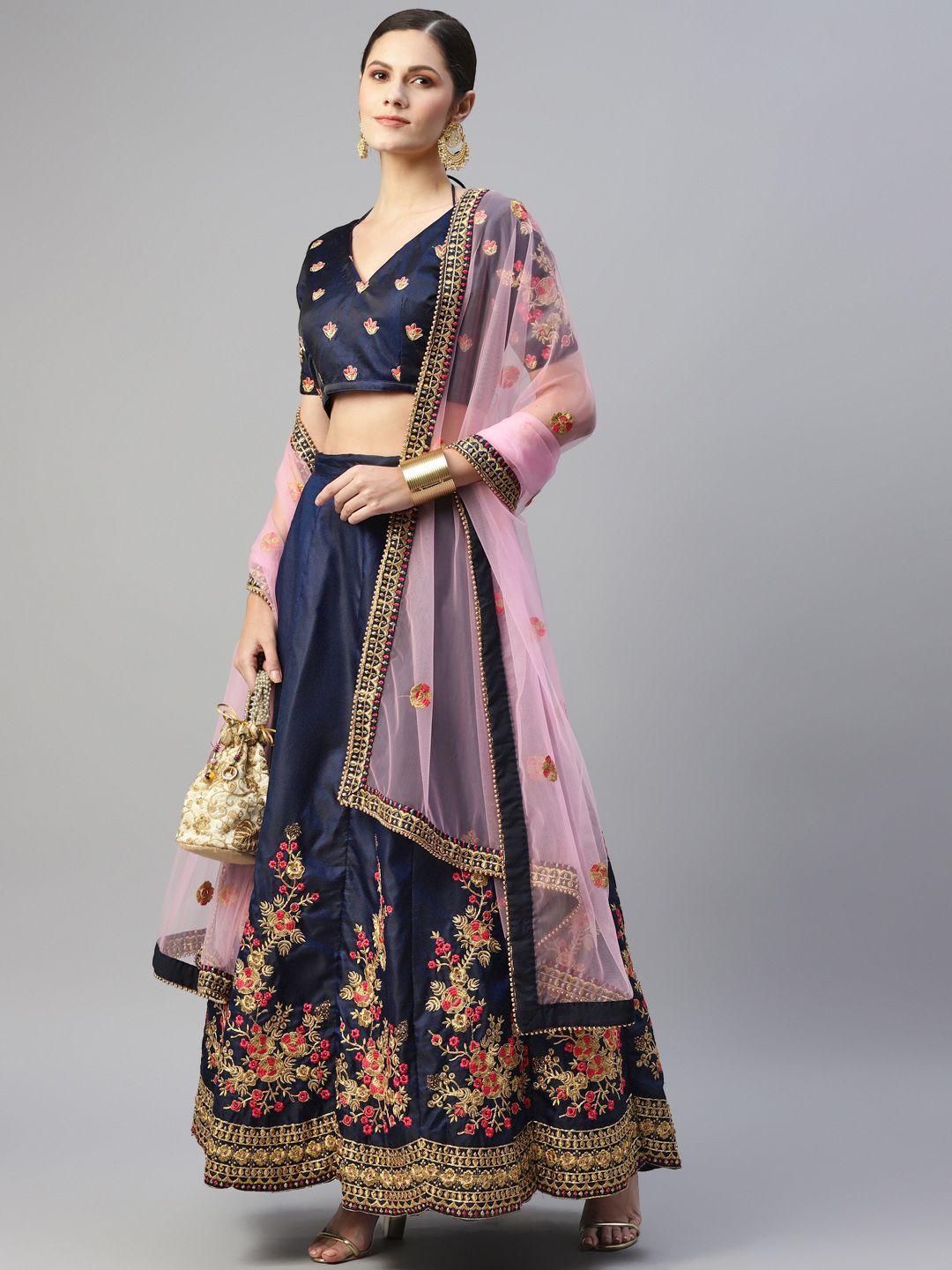 readiprint fashions navy blue & pink embroidered unstitched lehenga & blouse with dupatta