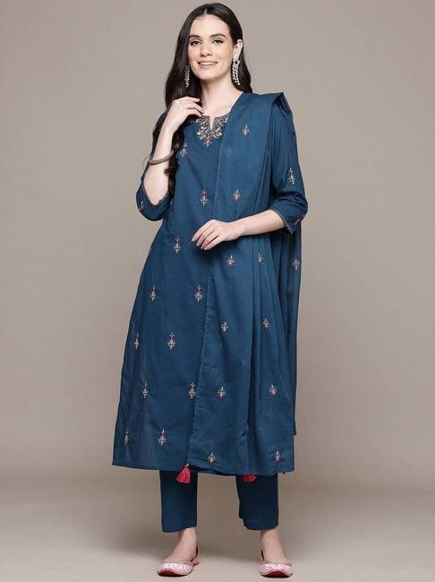 readiprint fashions navy cotton embroidered kurta pant set with dupatta