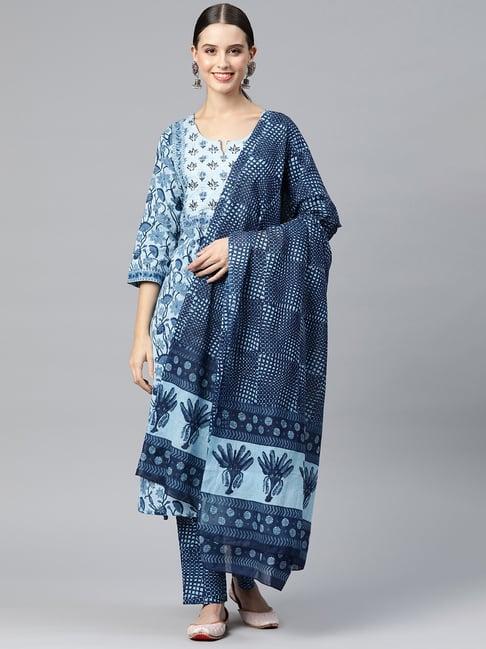 readiprint fashions navy cotton floral print kurta pant set with dupatta