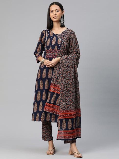 readiprint fashions navy cotton floral print kurta pant set with dupatta