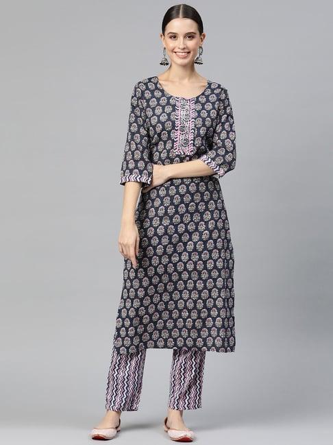 readiprint fashions navy cotton floral print kurta pant set