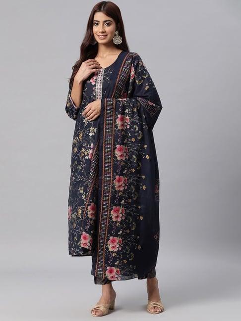 readiprint fashions navy floral print kurta pant set with dupatta