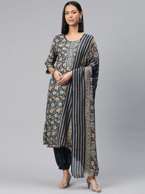 readiprint fashions navy floral print kurta salwaar set with dupatta