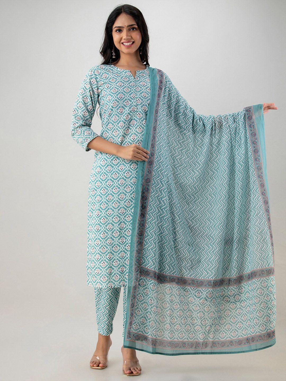 readiprint fashions notched neck sequinned pure cotton kurta with trousers & dupatta