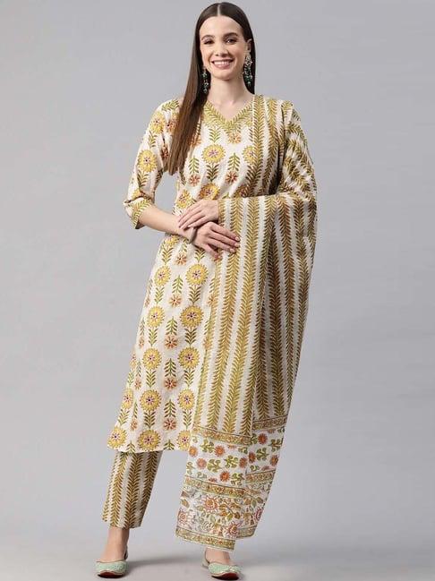 readiprint fashions off-white & green cotton printed kurta pant set with dupatta