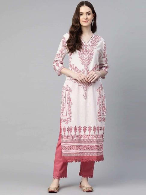 readiprint fashions off-white & maroon cotton embellished kurta pant set
