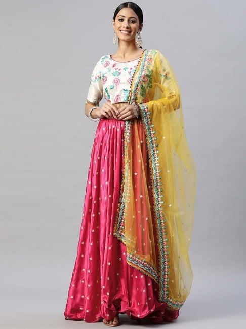 readiprint fashions off-white & pink embellished lehenga choli set with dupatta