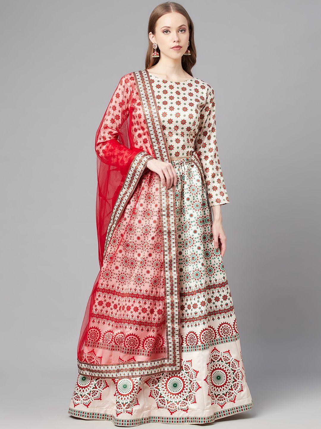 readiprint fashions off white & red printed unstitched lehenga & blouse with dupatta