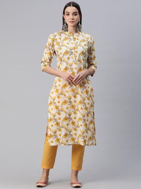readiprint fashions off-white & yellow cotton floral print kurta pant set