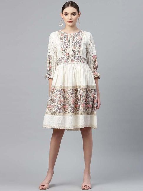 readiprint fashions off-white cotton embroidered a-line dress