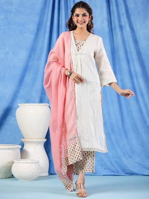 readiprint fashions off-white cotton embroidered kurta pant set with dupatta
