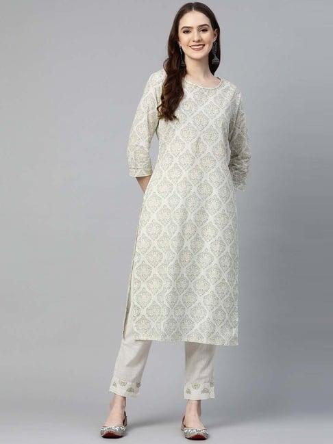 readiprint fashions off-white cotton embroidered kurta pant set