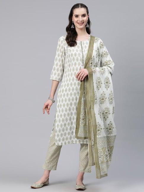 readiprint fashions olive green cotton floral print kurta pant set with dupatta