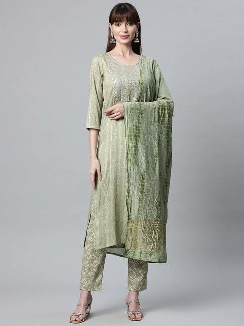 readiprint fashions olive green embroidered kurta pant set with dupatta