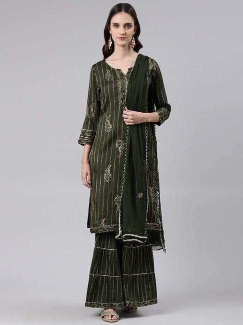 readiprint fashions olive green woven pattern kurta sharara set with dupatta