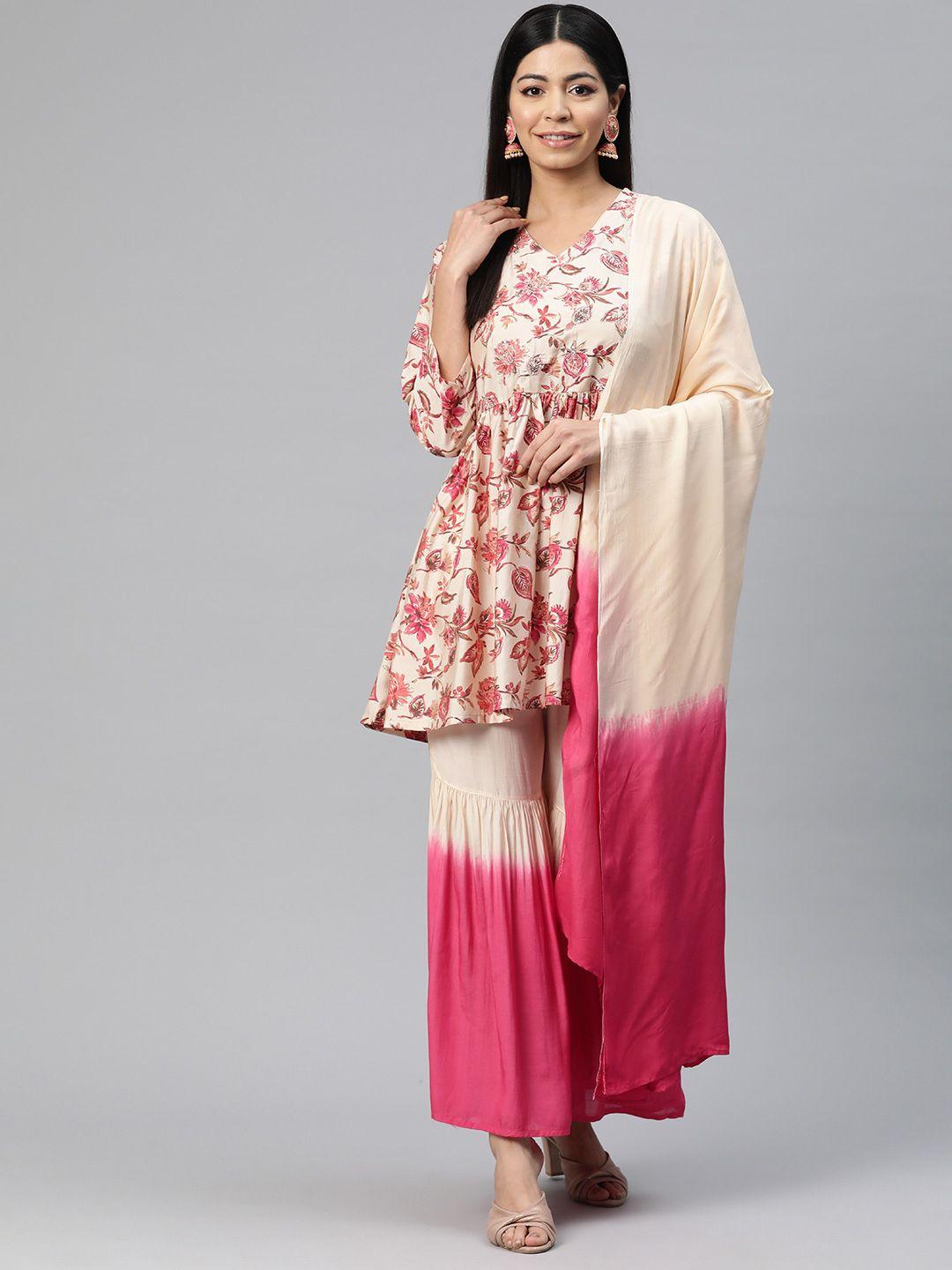 readiprint fashions ombre printed pleated sequinned pure silk kurta with sharara & dupatta