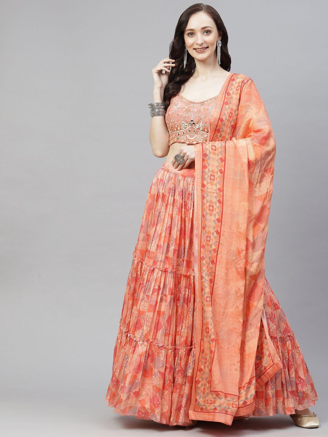 readiprint fashions orange & beige embroidered mirror work unstitched lehenga & blouse with dupatta