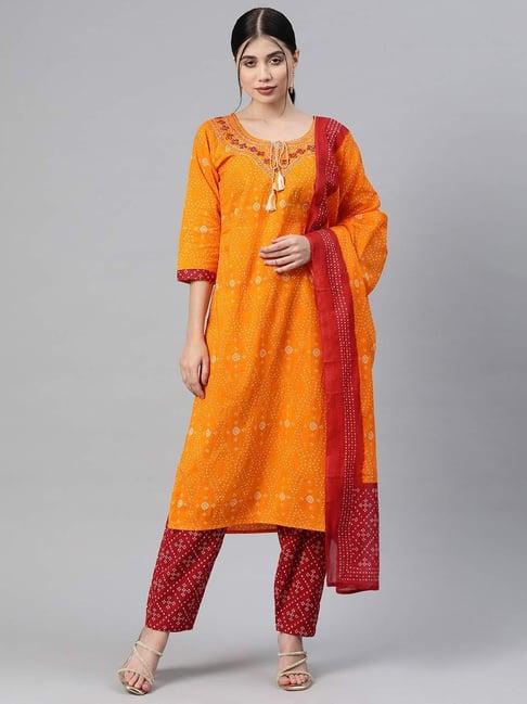 readiprint fashions orange & maroon cotton printed kurta pant set with dupatta