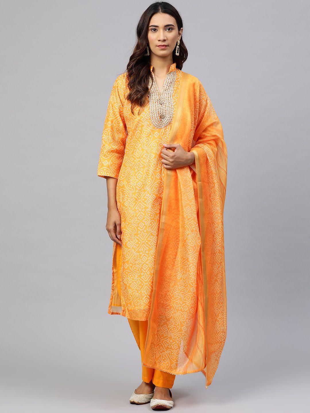 readiprint fashions orange & white bandhani printed unstitched dress material with dupatta