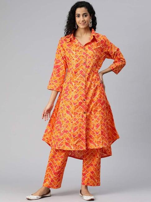 readiprint fashions orange cotton printed kurta pant set