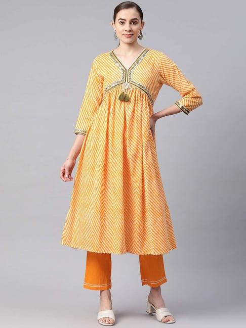 readiprint fashions orange cotton striped kurta pant set
