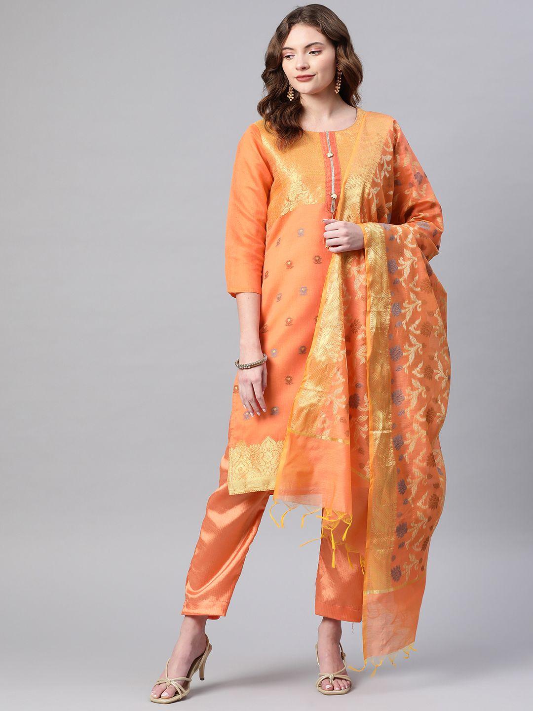 readiprint fashions orange woven design semi-stitched dress material