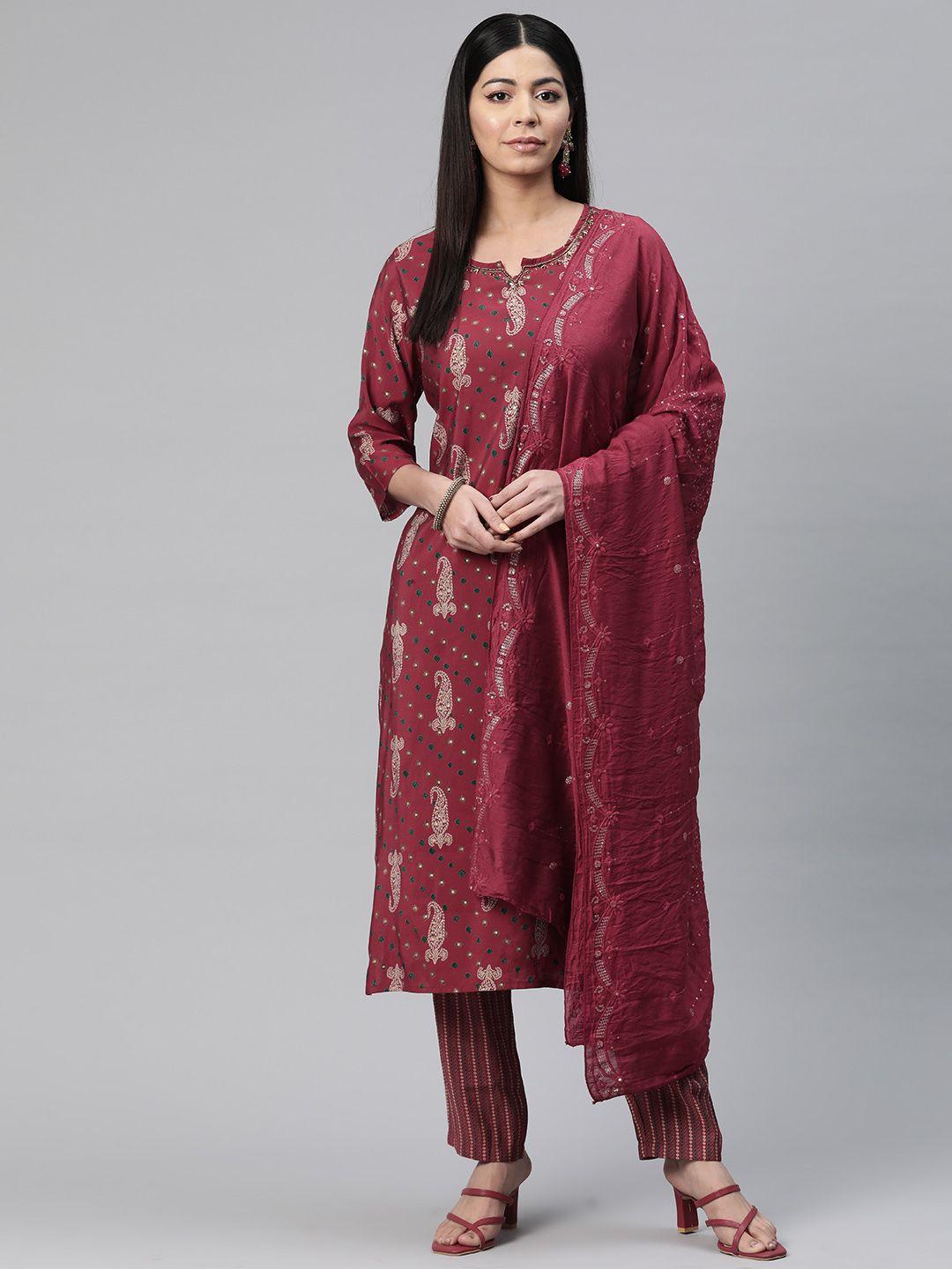 readiprint fashions paisley printed beads & stones pure silk kurta with trousers & dupatta