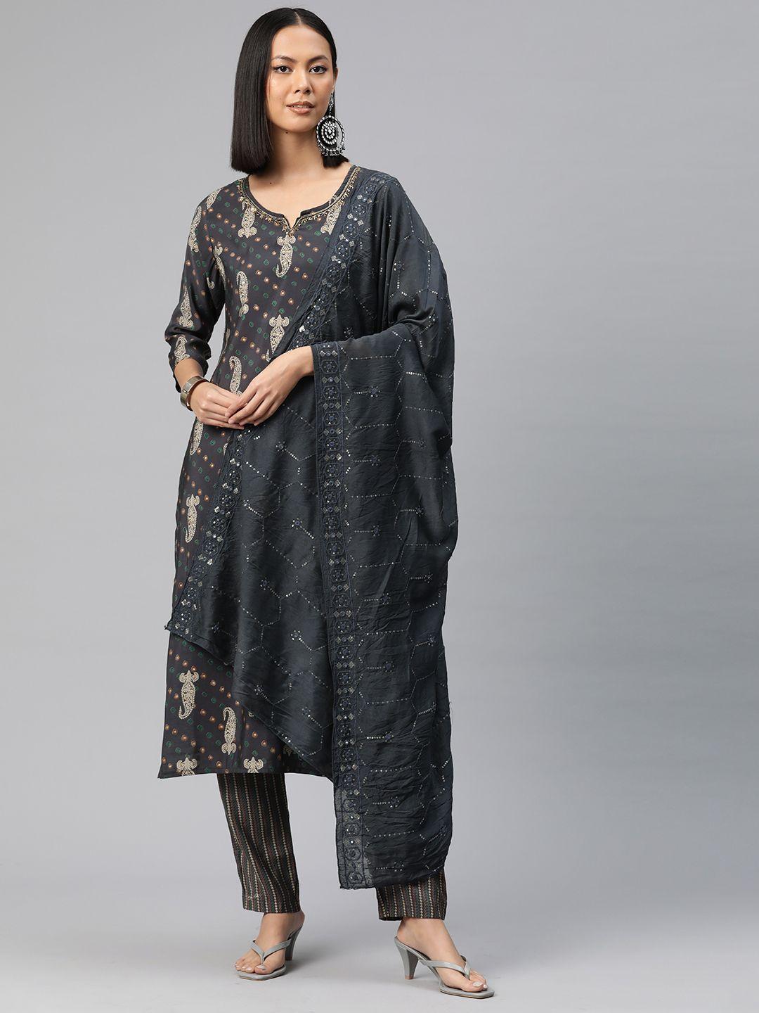 readiprint fashions paisley printed beads & stones pure silk kurta with trousers & dupatta