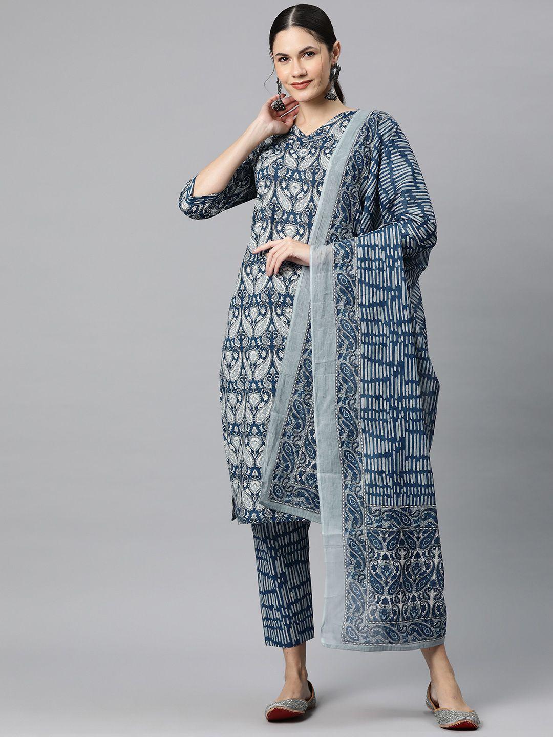 readiprint fashions paisley printed mirror work pure cotton kurta with trousers & dupatta