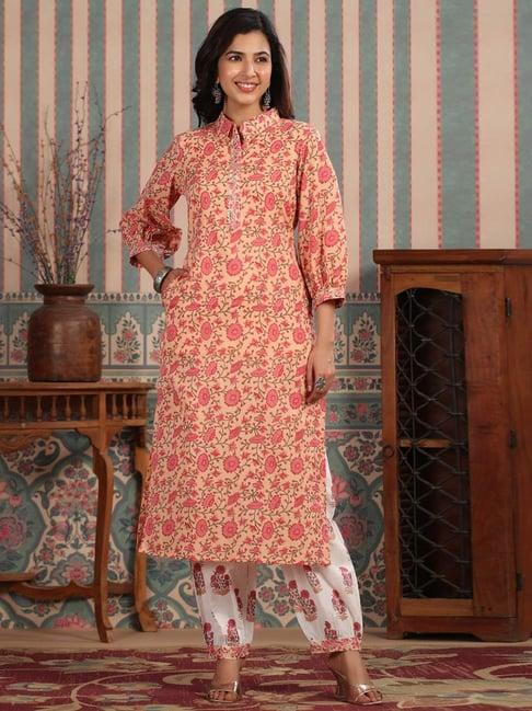 readiprint fashions peach & white cotton floral print kurta salwaar set