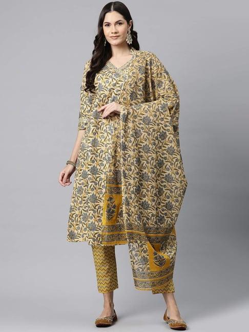 readiprint fashions peach & yellow cotton floral print kurta pant set with dupatta