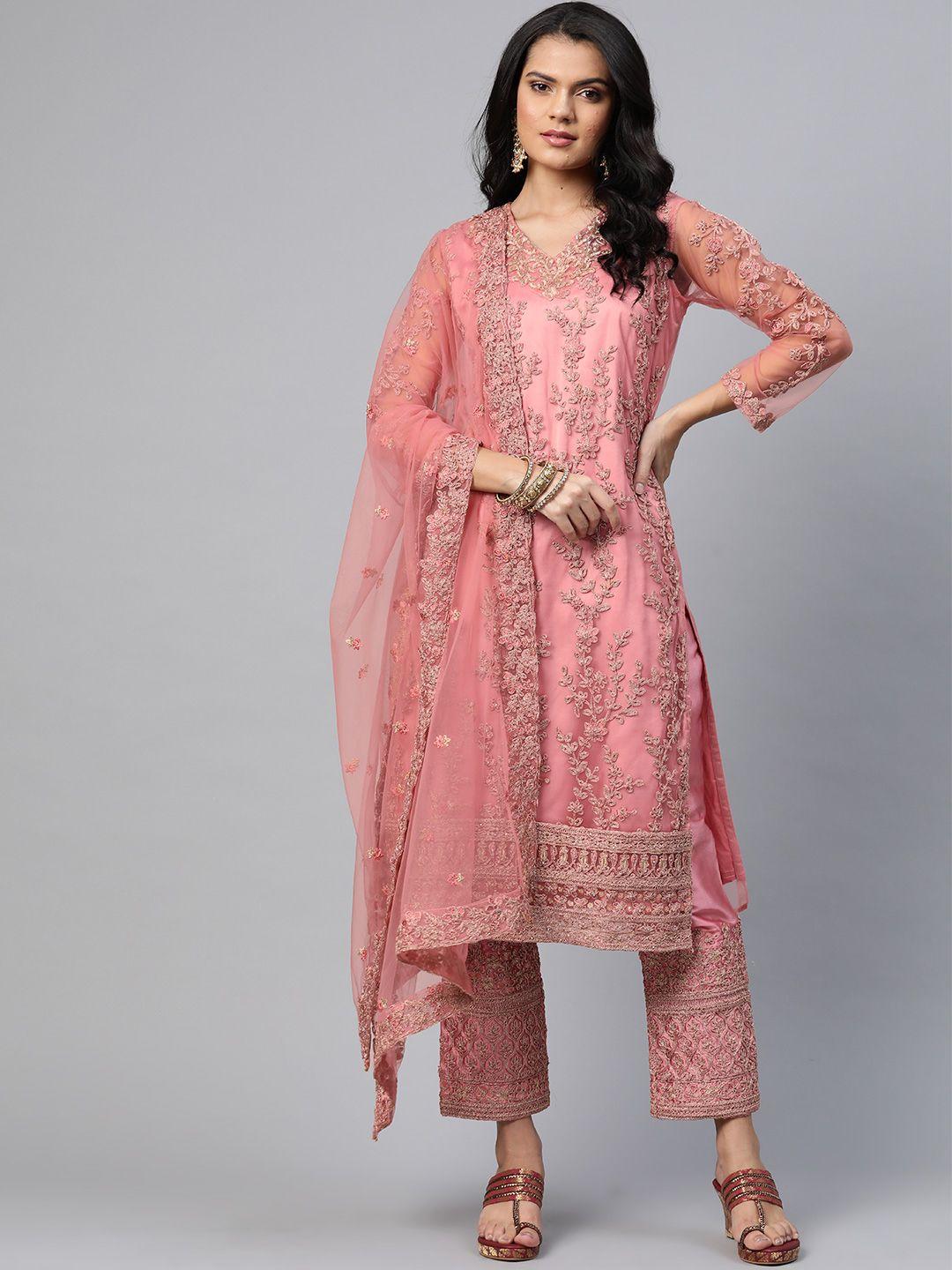 readiprint fashions peach-coloured & golden embroidered unstitched dress material