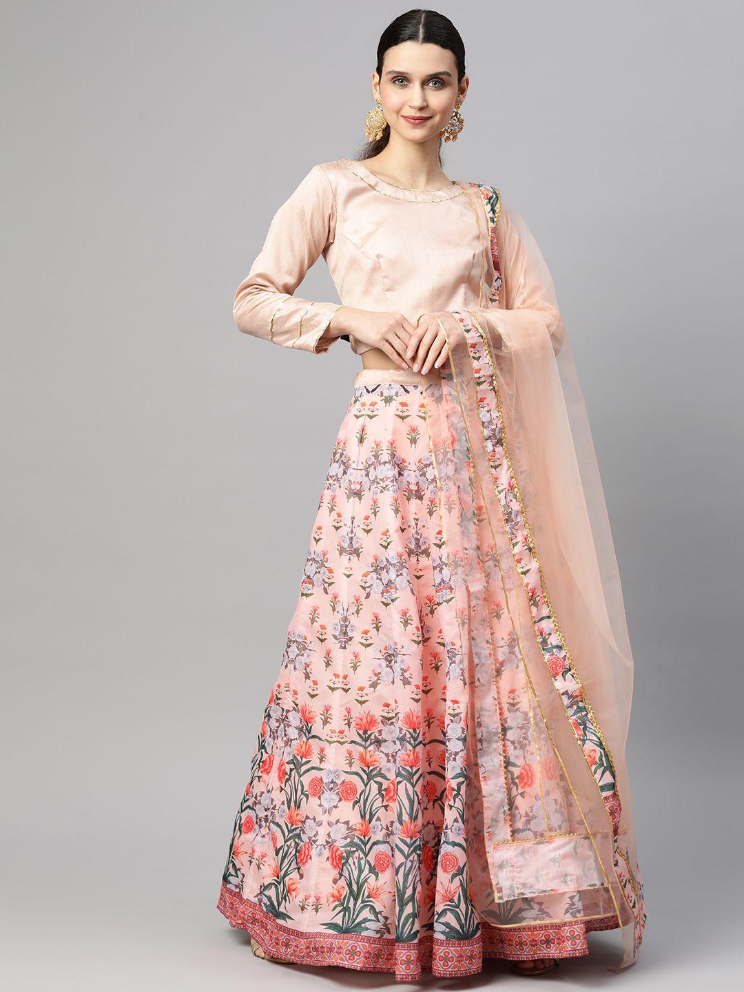readiprint fashions peach-coloured & green floral unstitched lehenga & blouse with dupatta