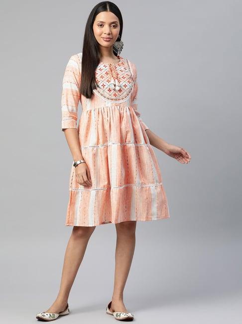 readiprint fashions peach cotton embroidered a-line dress