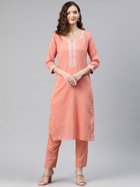 readiprint fashions peach cotton embroidered kurta pant set