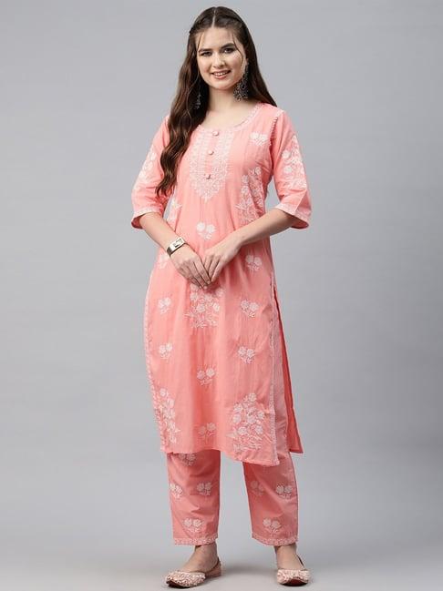 readiprint fashions peach cotton embroidered kurta pant set