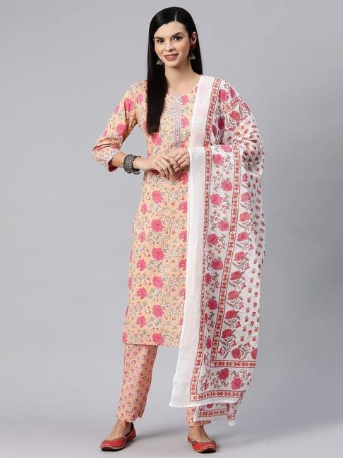 readiprint fashions peach cotton floral print kurta pant set with dupatta